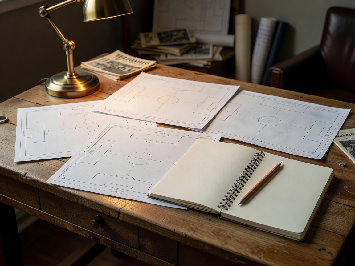 Independent football editorial desk with blank fixture sheets, pitch diagram paper with no readable text, notebook and pencil