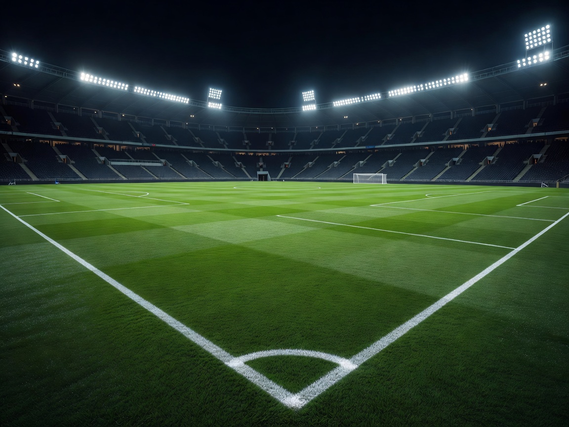 Premium cinematic football stadium at night from a low sideline perspective, empty green football pitch with clear white field markings
