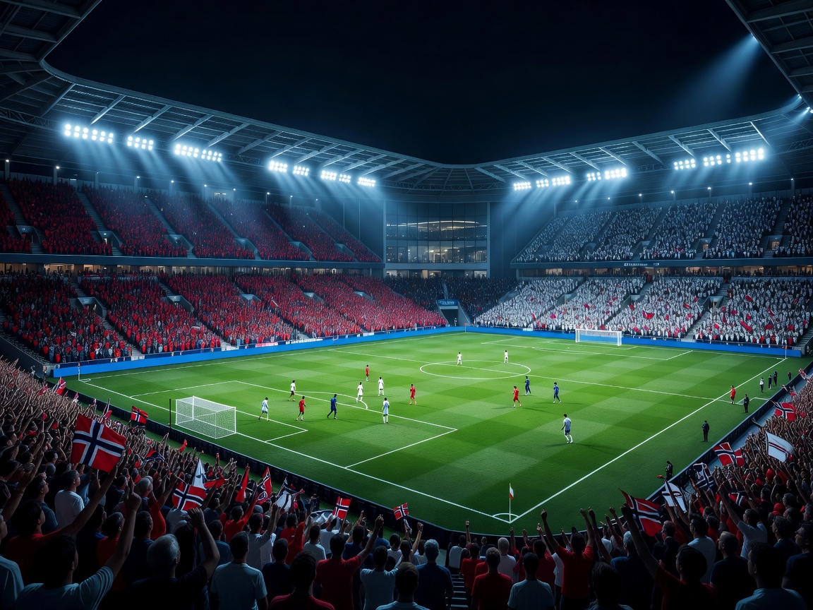 Premium football stadium night atmosphere inspired by Norway versus England, cool blue red and white lighting