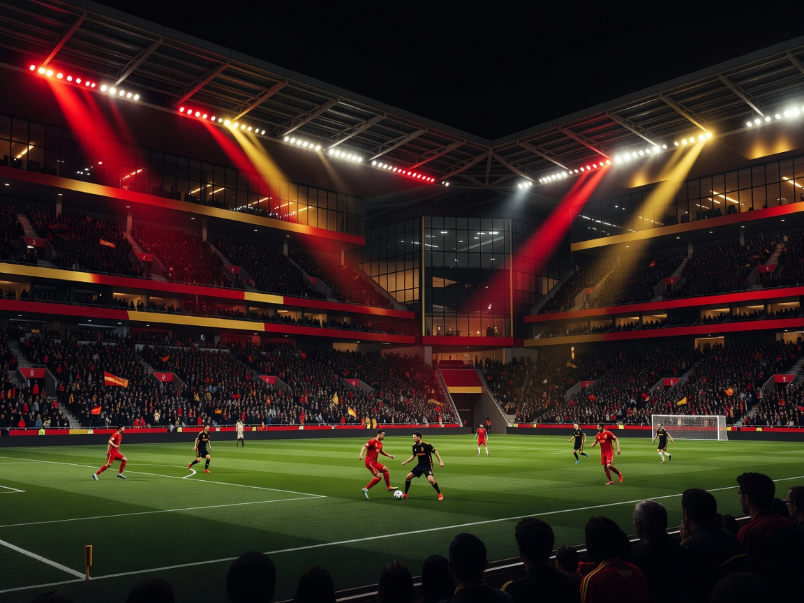 Premium football stadium night atmosphere inspired by Spain versus Belgium, restrained red yellow black and gold lighting