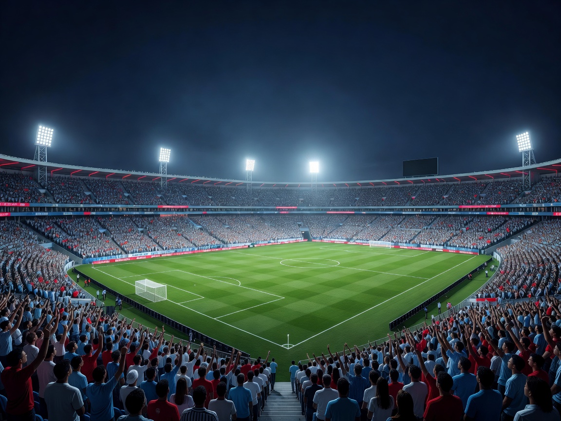 Premium panoramic football stadium night atmosphere inspired by Argentina versus Switzerland, pale sky blue white and restrained red lighting